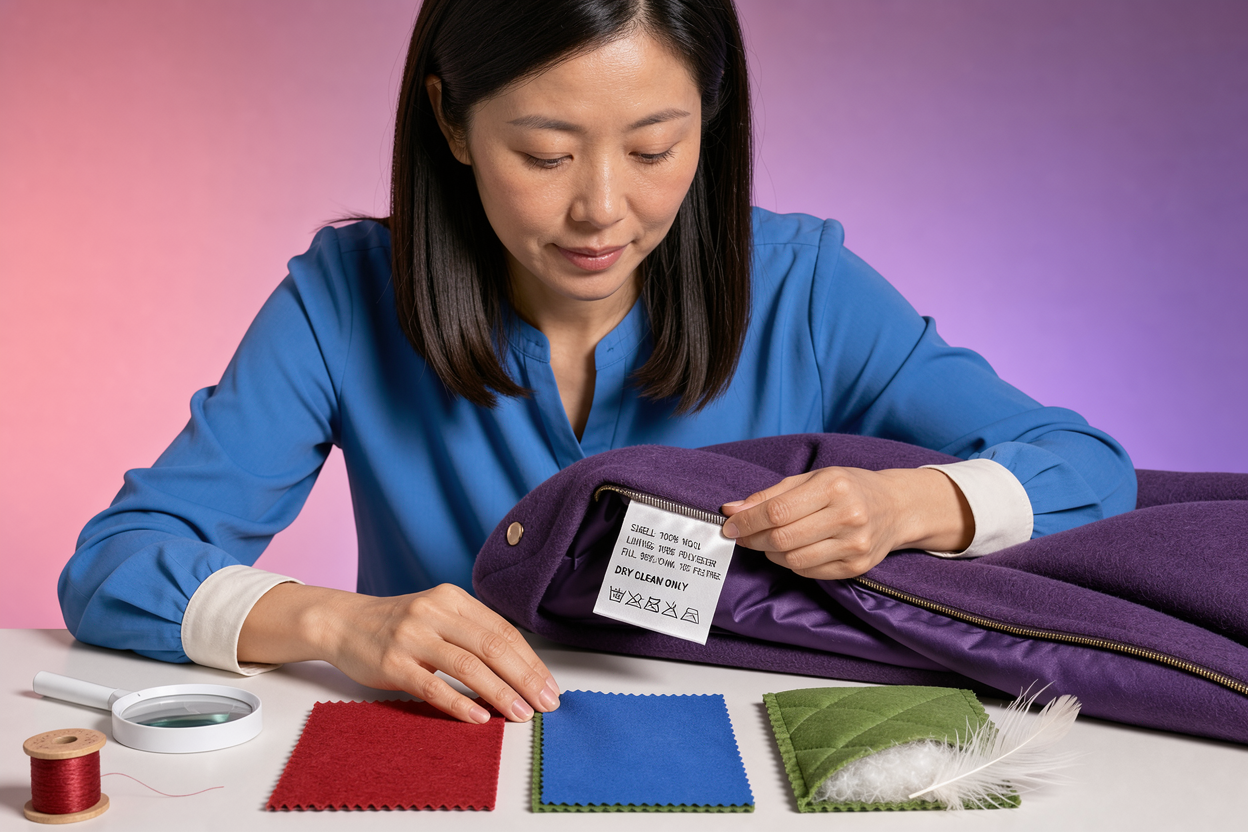 Close-up of a person examining a coat's care label and feeling fabric swatches (wool, polyester, down), well-lit interior