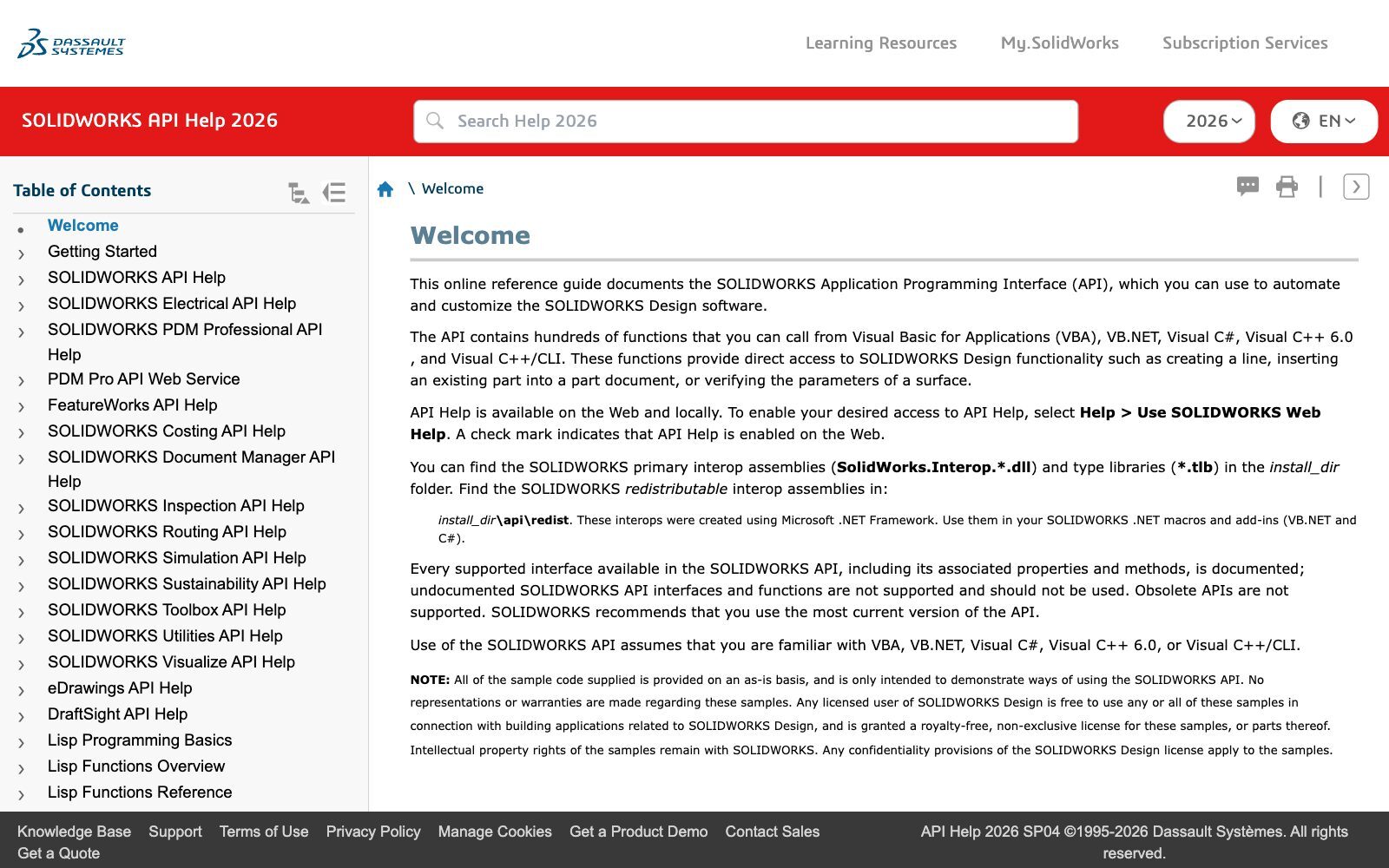 Screenshot of the SOLIDWORKS API Help 2026 welcome page by Dassault Systemes, with a table of contents listing API help for SOLIDWORKS, PDM Professional, eDrawings and more, and text explaining that the API can be used from VBA, VB.NET, C# and C++