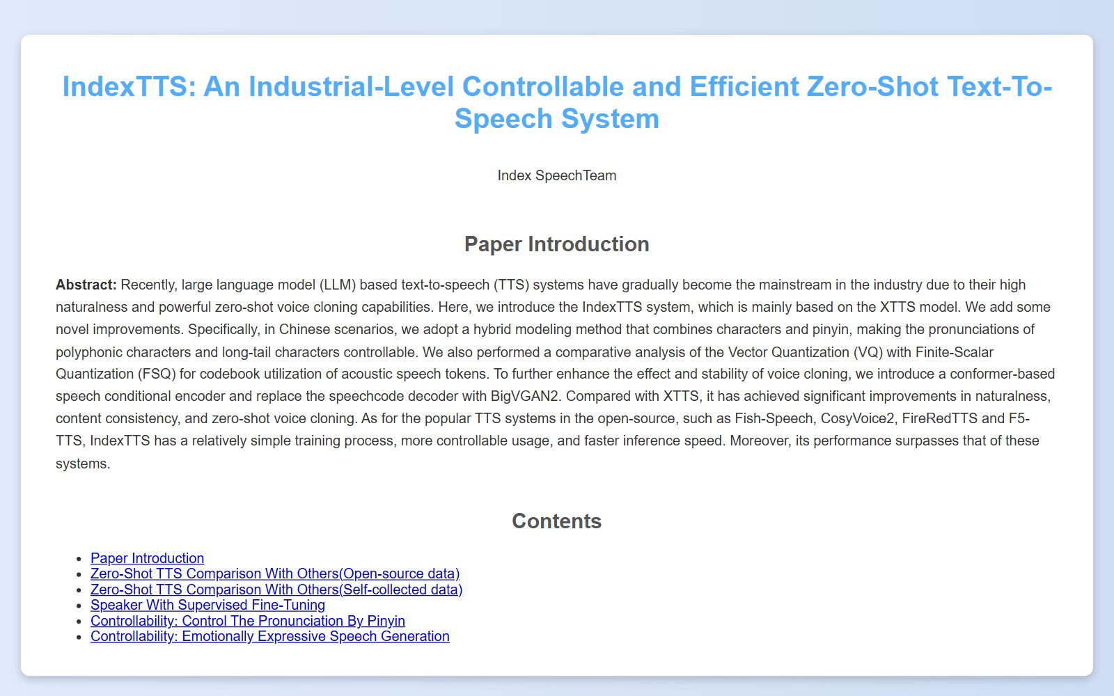 IndexTTS zero-shot text-to-speech project page by bilibili Index SpeechTeam (October 2026)