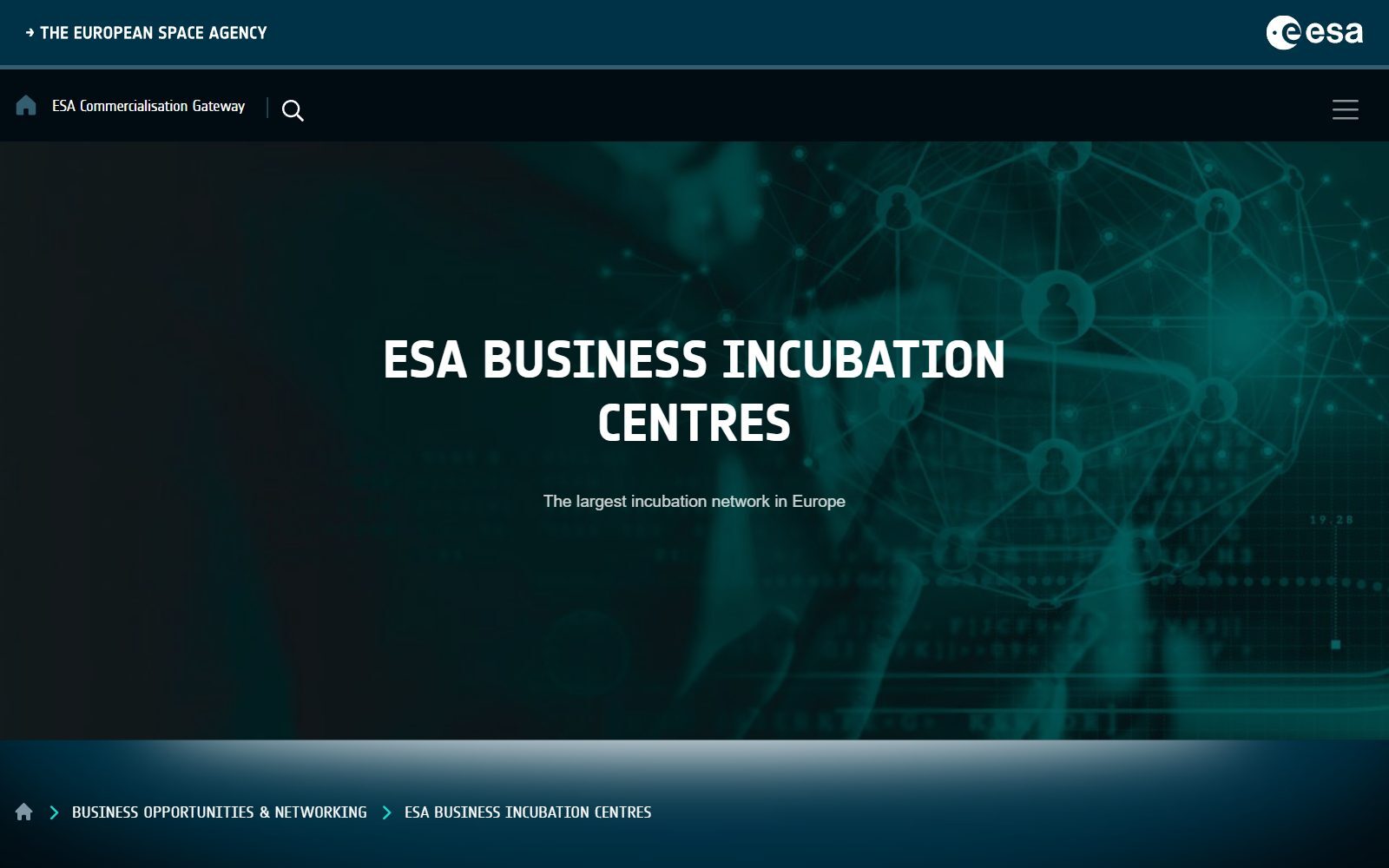 ESA Business Incubation Centres page screenshot (October 2026)