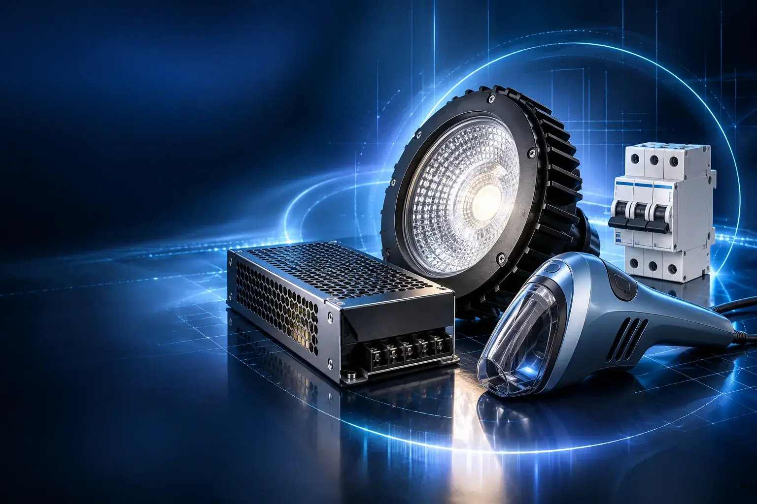 Предметная композиция: крупный LED-светильник, промышленный блок питания, модульный автоматический выключатель и электроинструмент в синей студийной подсветке