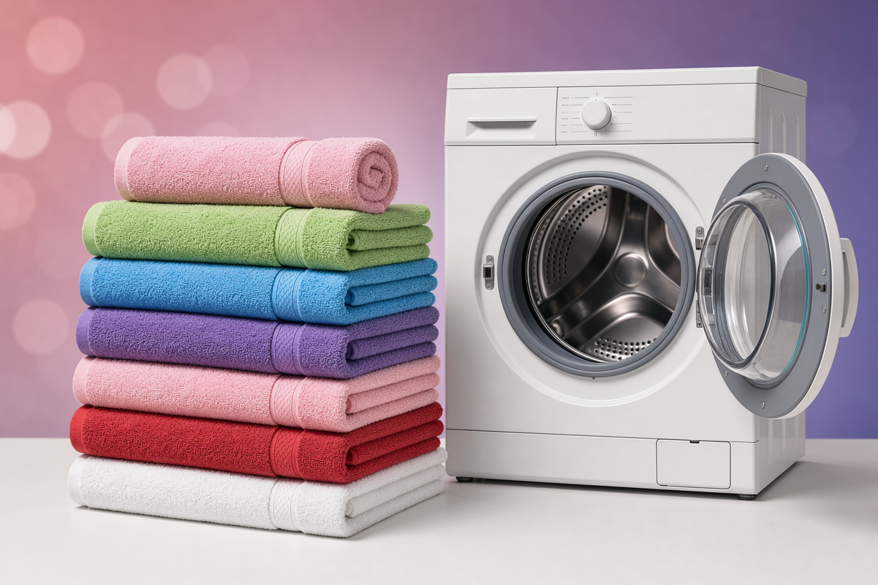 pile of terry towels sorted by color beside an open washing machine, no visible brands or cleaning products, focus on neat textile organization