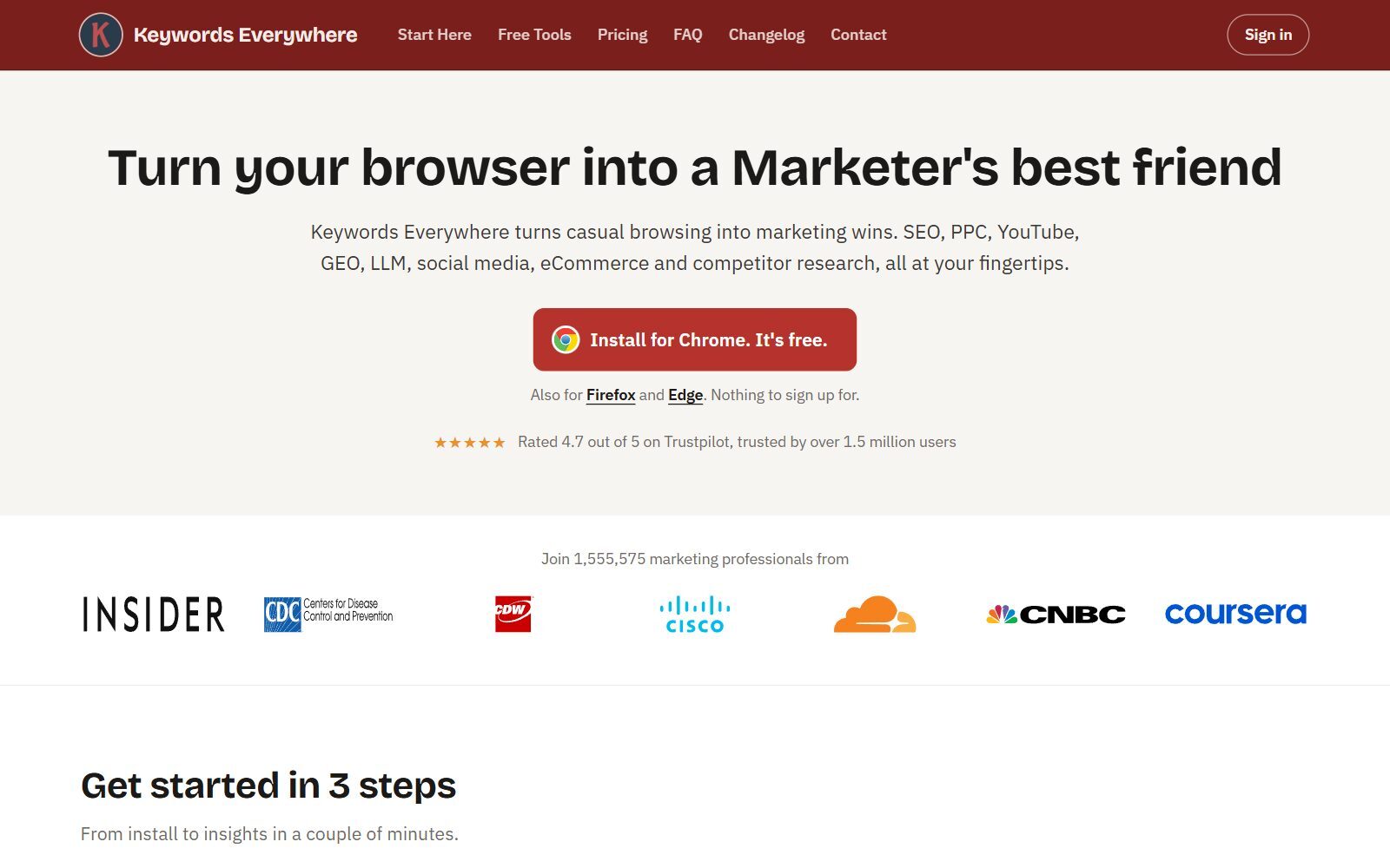 Keywords Everywhere homepage screenshot: free browser extension for Chrome, Firefox and Edge (October 2026)