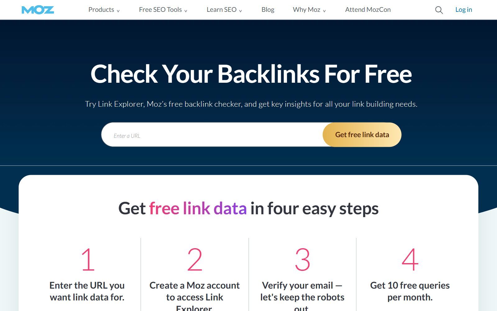Moz Link Explorer page screenshot: check your backlinks for free, 10 free queries per month (October 2026)