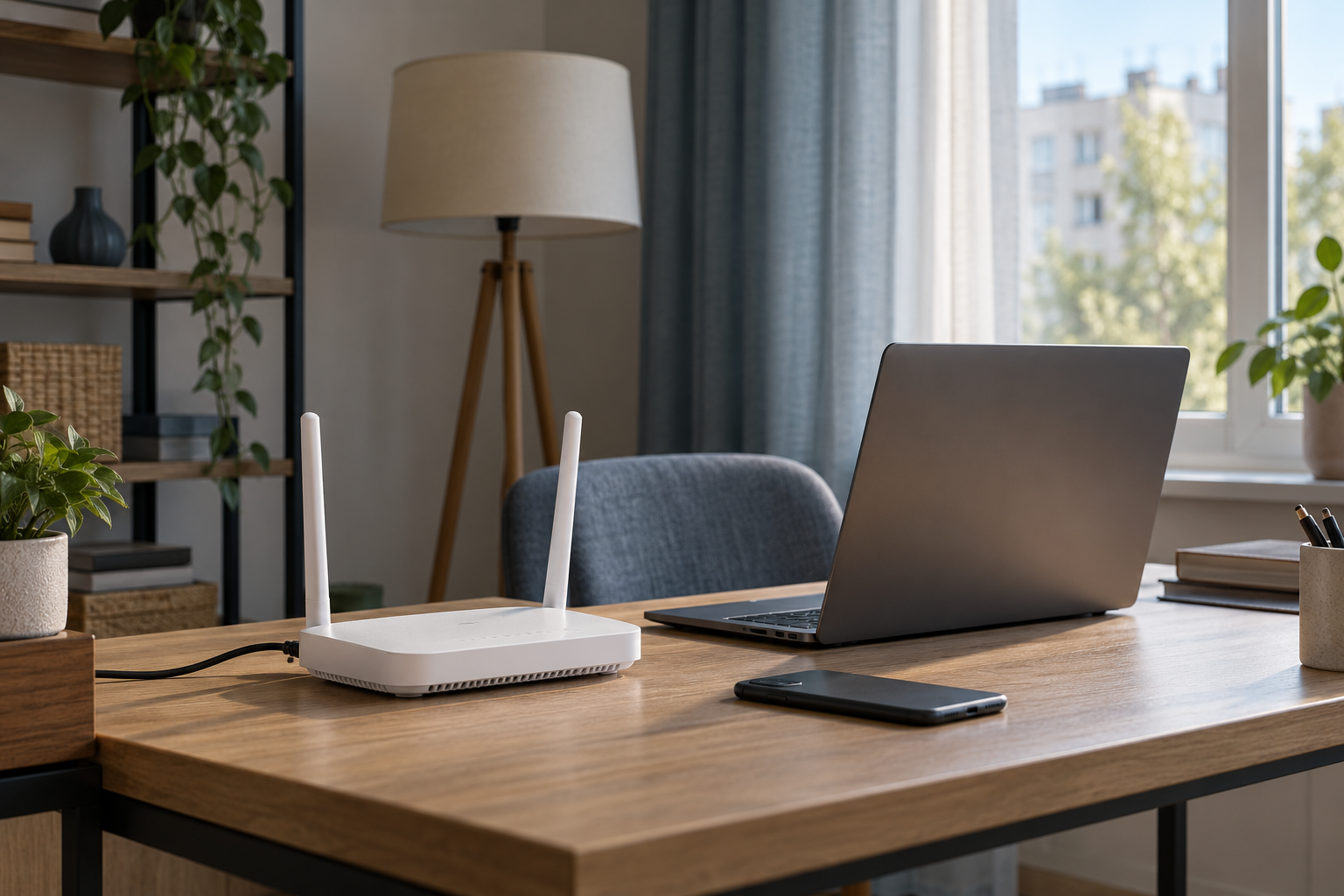 Домашний Wi-Fi-роутер и ноутбук рядом с выключенной лампой