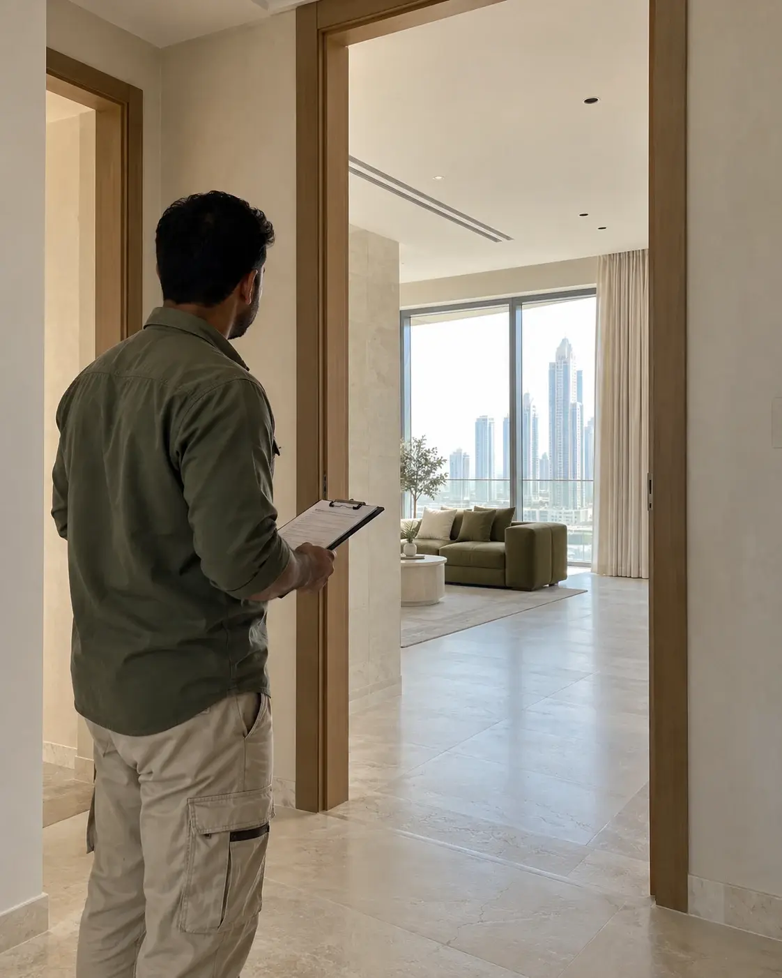 A technician inspecting the finish of a completed apartment from the doorway