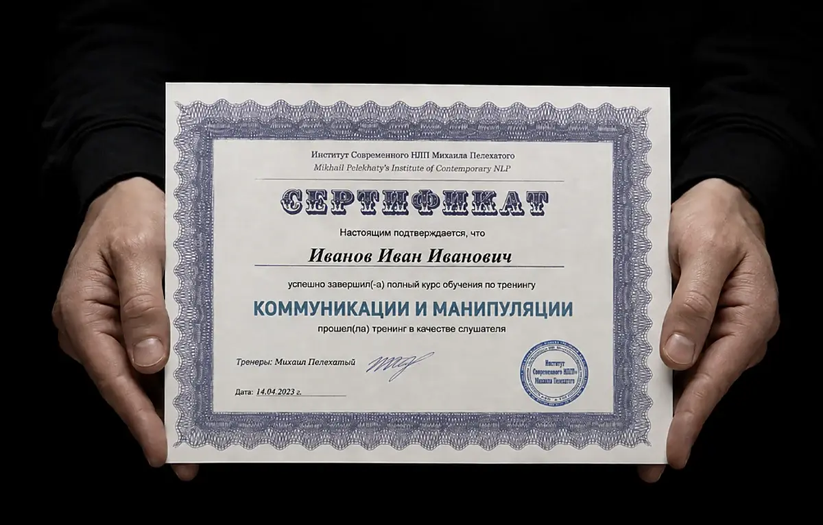 Образец сертификата Института современного НЛП: курс «Коммуникации и манипуляции»