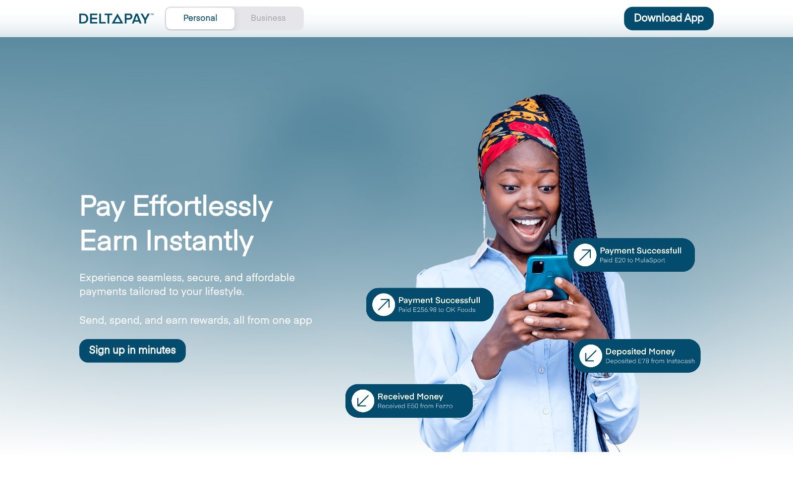 DeltaPay Eswatini payments app homepage screenshot (October 2026)