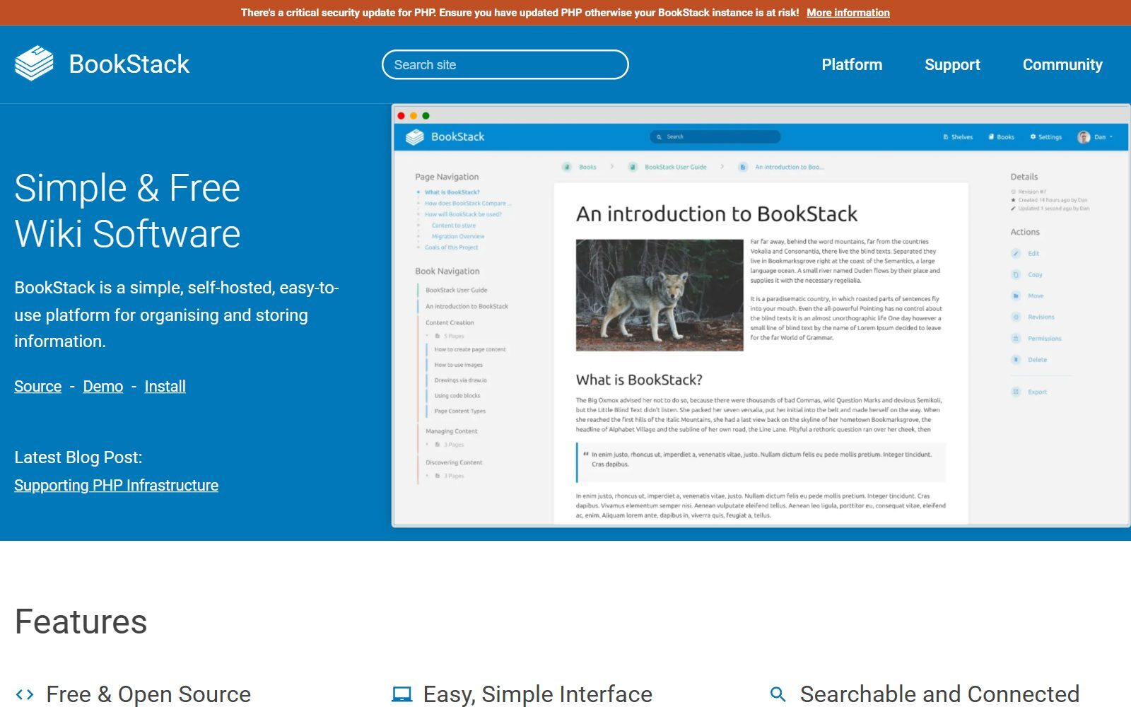 BookStack homepage screenshot (October 2026)