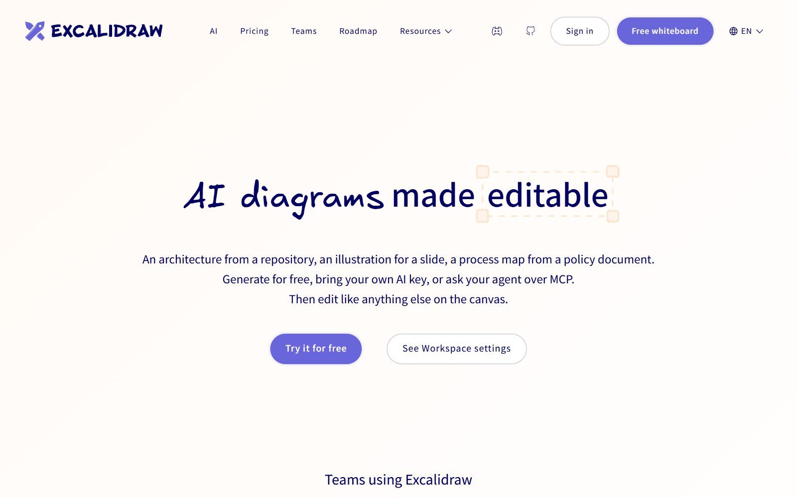 Excalidraw AI diagrams page screenshot (October 2026)