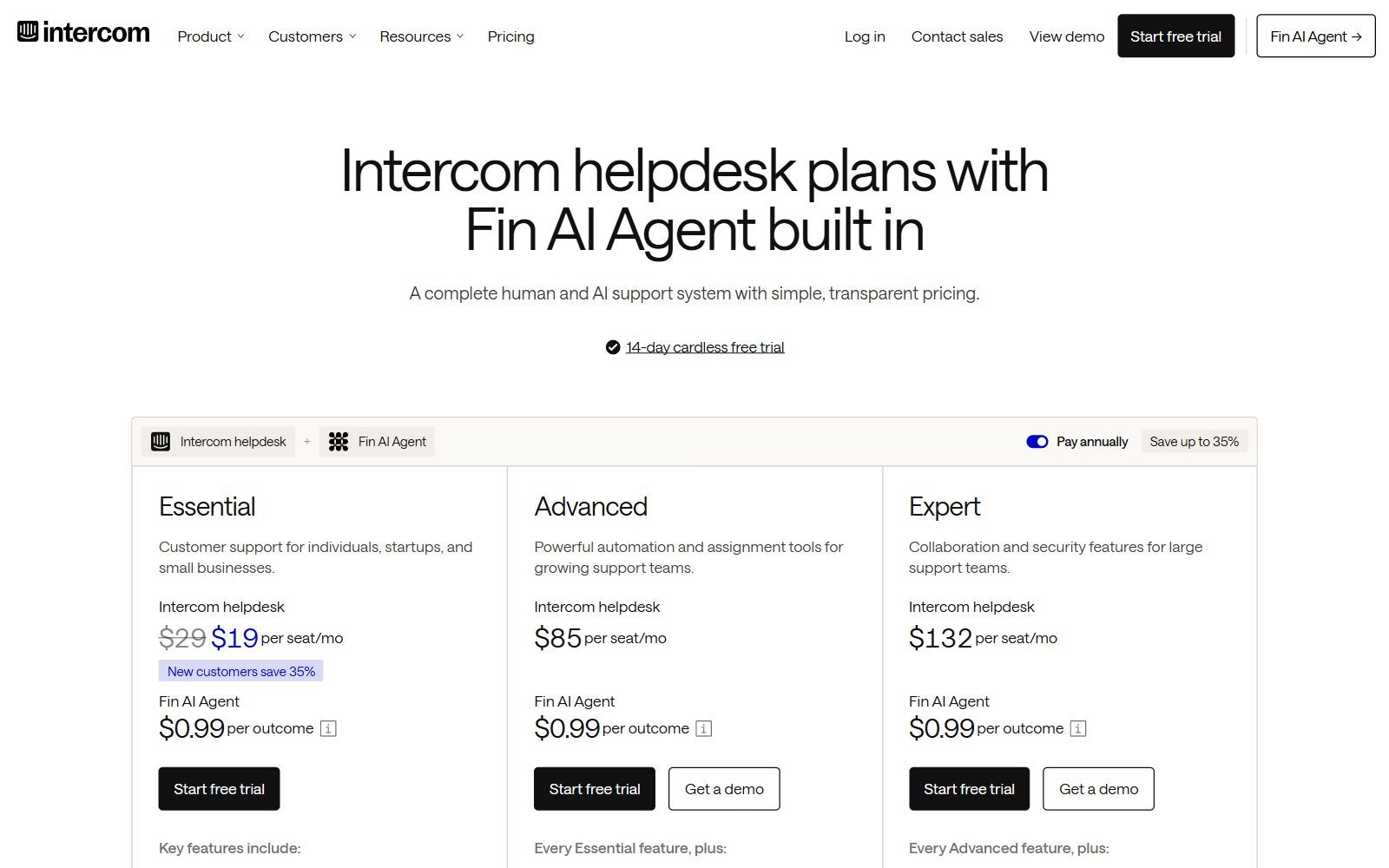 Intercom pricing page screenshot (October 2026): Essential, Advanced and Expert plans with Fin AI Agent at $0.99 per outcome