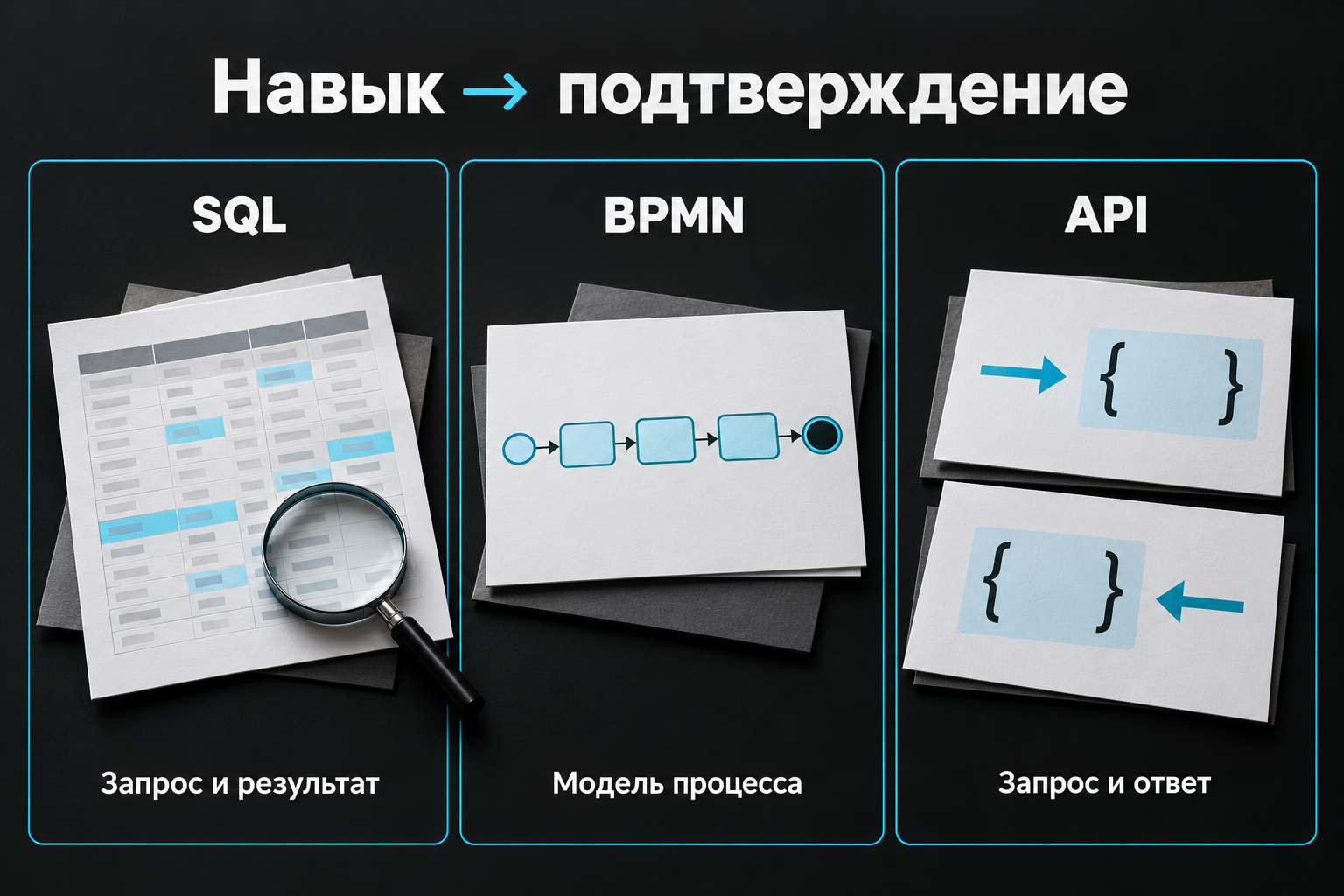 Примеры подтверждения навыков SQL, BPMN и API в портфолио аналитика
