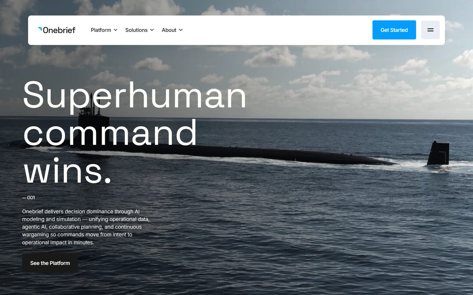 Onebrief command decision platform homepage screenshot (October 2026)