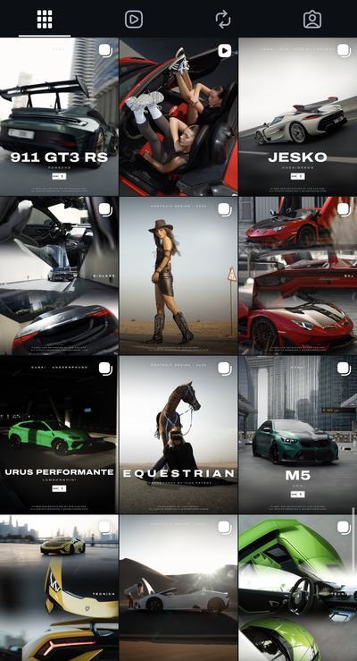 The @dxbcarone grid: carousel covers of a Porsche 911 GT3 RS, Koenigsegg Jesko, Lamborghini Urus Performante and more
