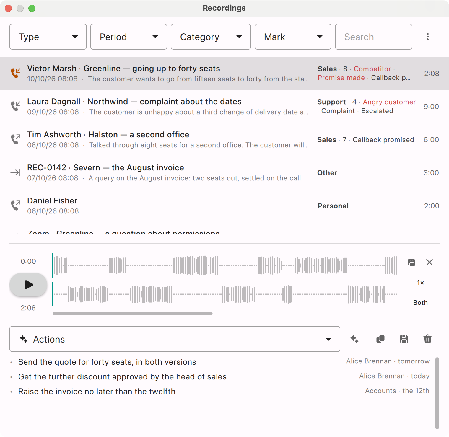 AI Softphone recordings window with action items for a call: each task with an owner and a date, under its category and score