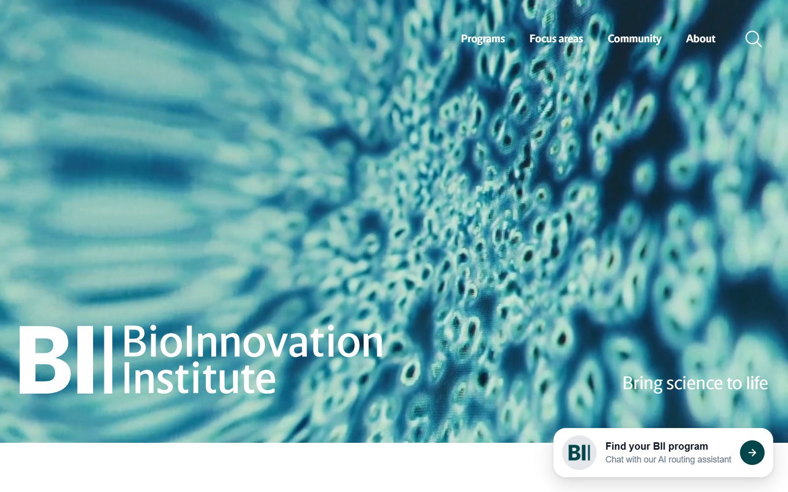 BioInnovation Institute homepage screenshot (October 2026)
