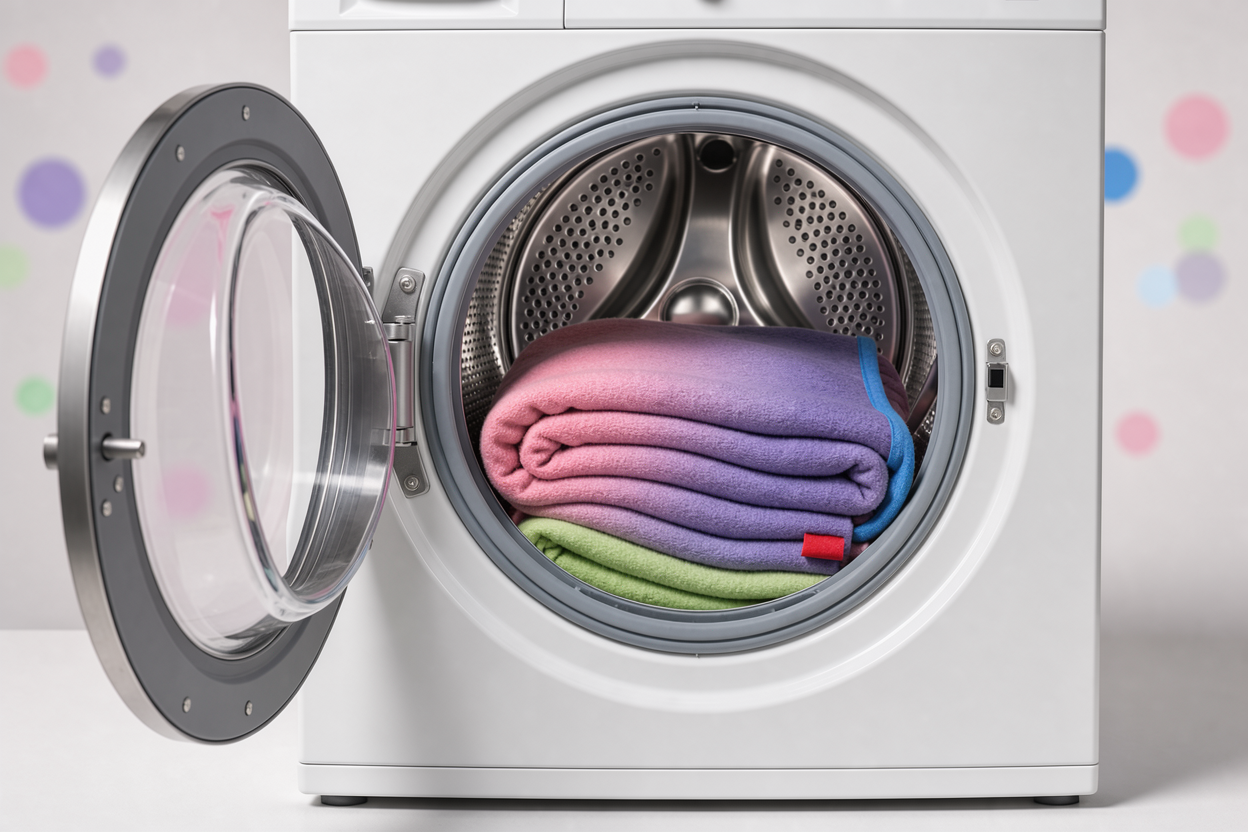 A washing machine drum with a single large blanket inside, showing safe amount of space left for movement