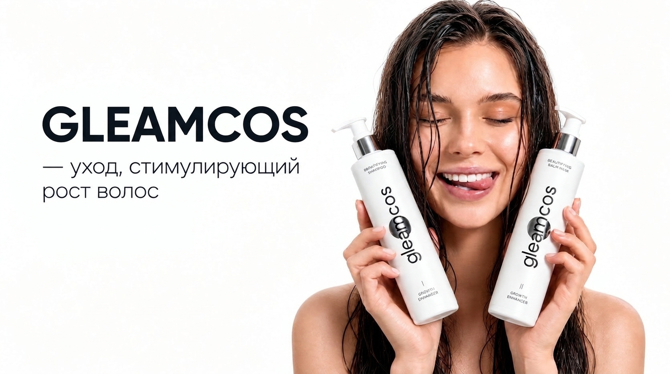 Девушка с ухоженными волосами держит шампунь и бальзам-маску GLEAMCOS