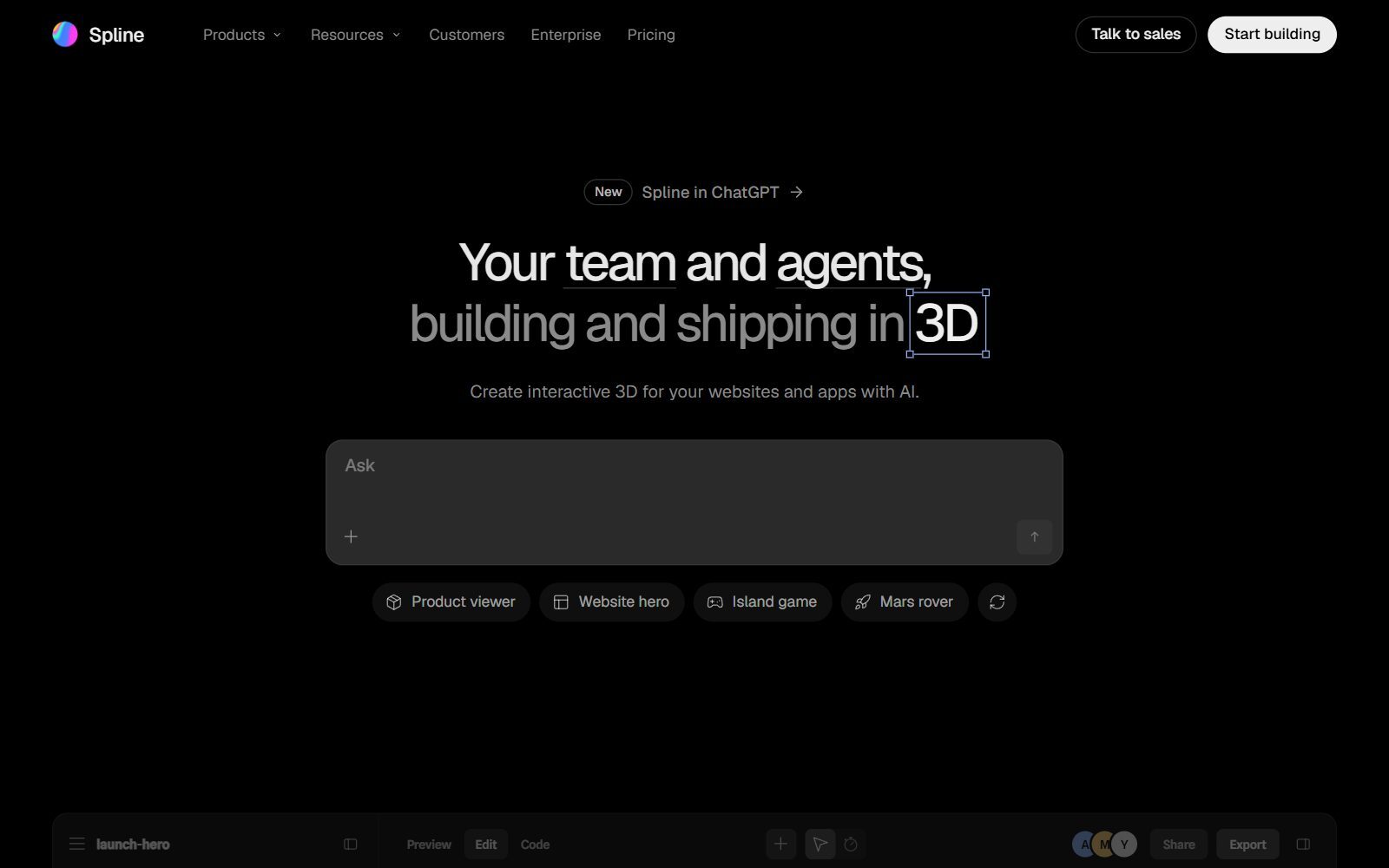 Spline homepage screenshot (October 2026)