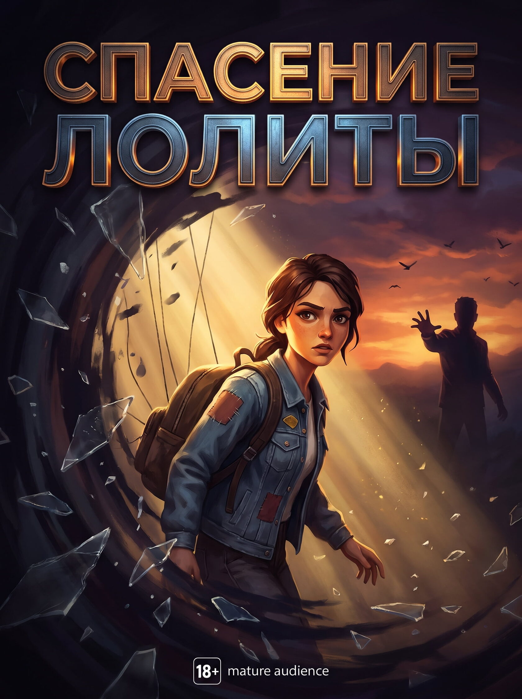 Обложка игры: девушка с рюкзаком выбегает из разбитого стеклянного тоннеля к свету, вдали тёмная фигура тянет к ней руку