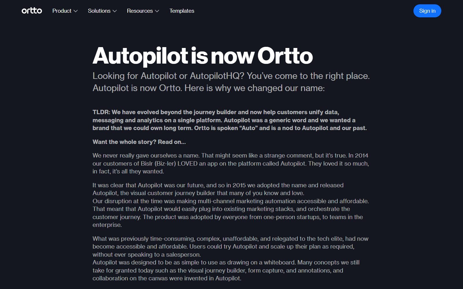 Ortto page 'Autopilot is now Ortto' explaining why Autopilot changed its name (October 2026)