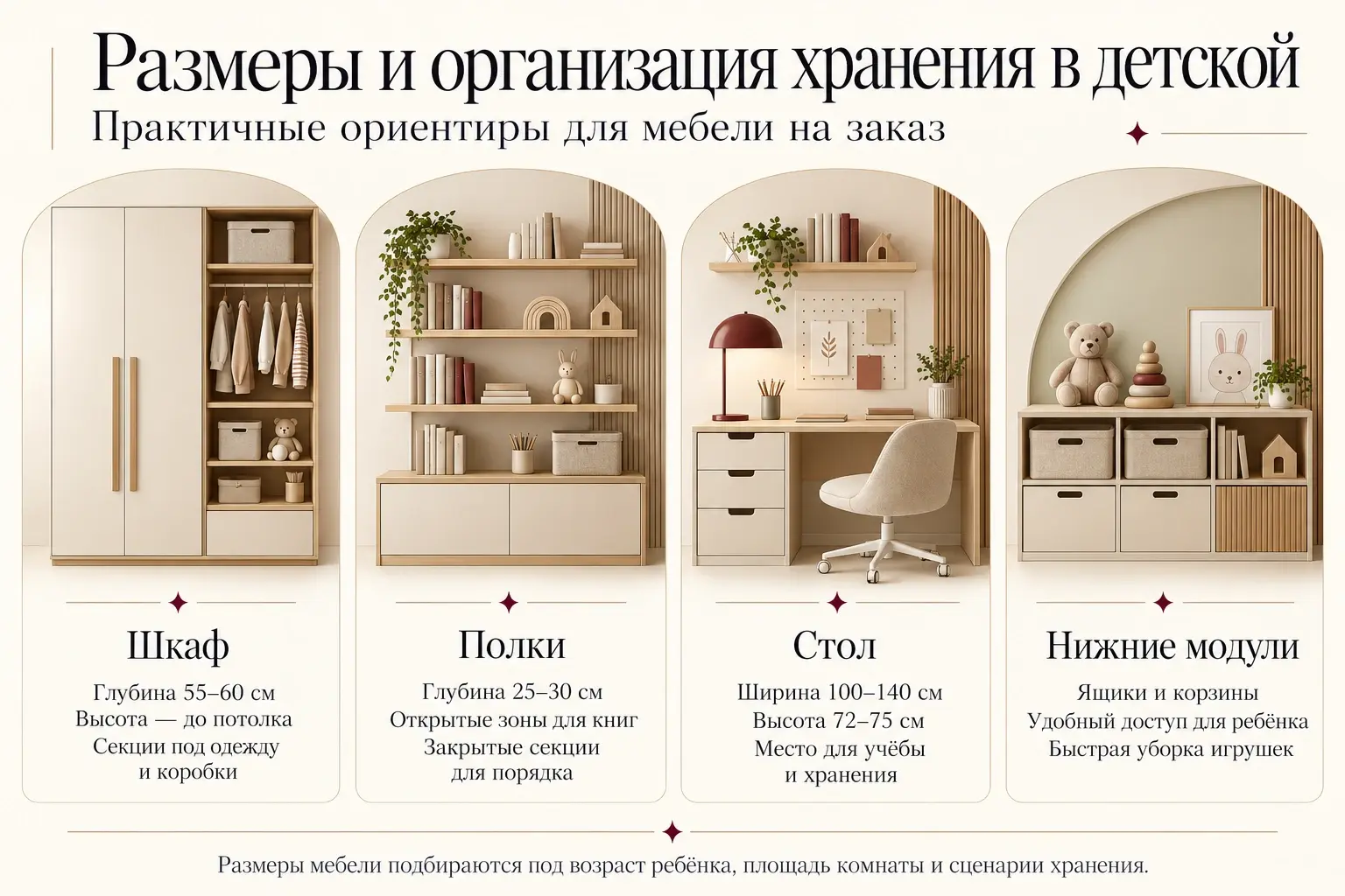 Инфографика об ориентирах размеров шкафа, стола, полок и секций хранения в детской