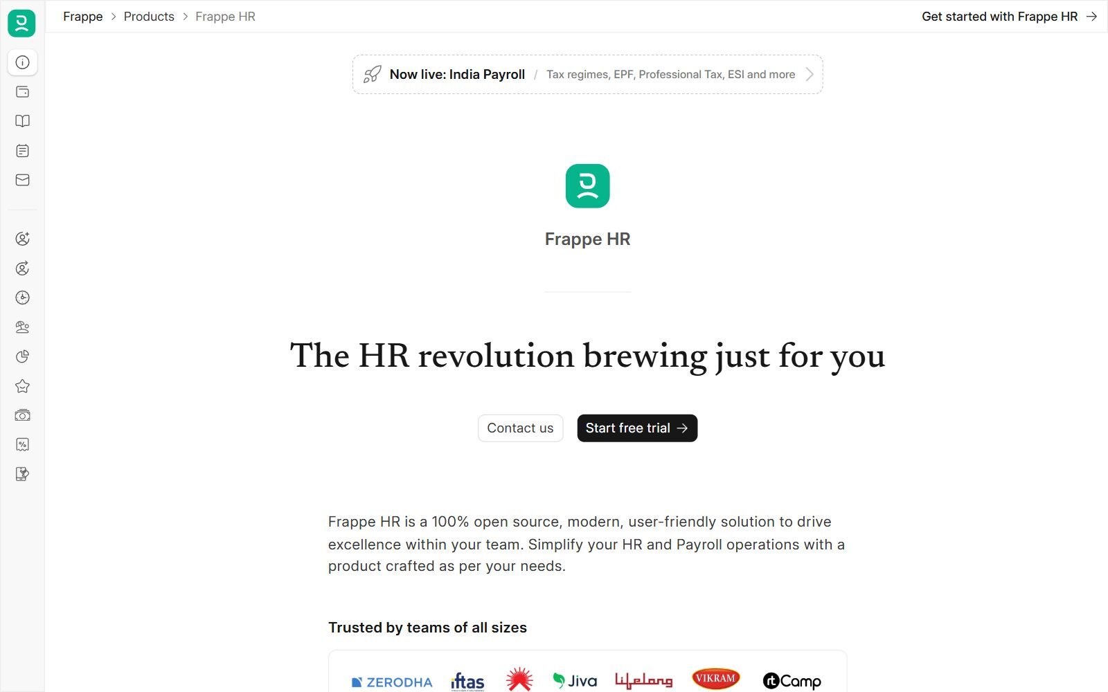 Frappe HR homepage screenshot (October 2026)