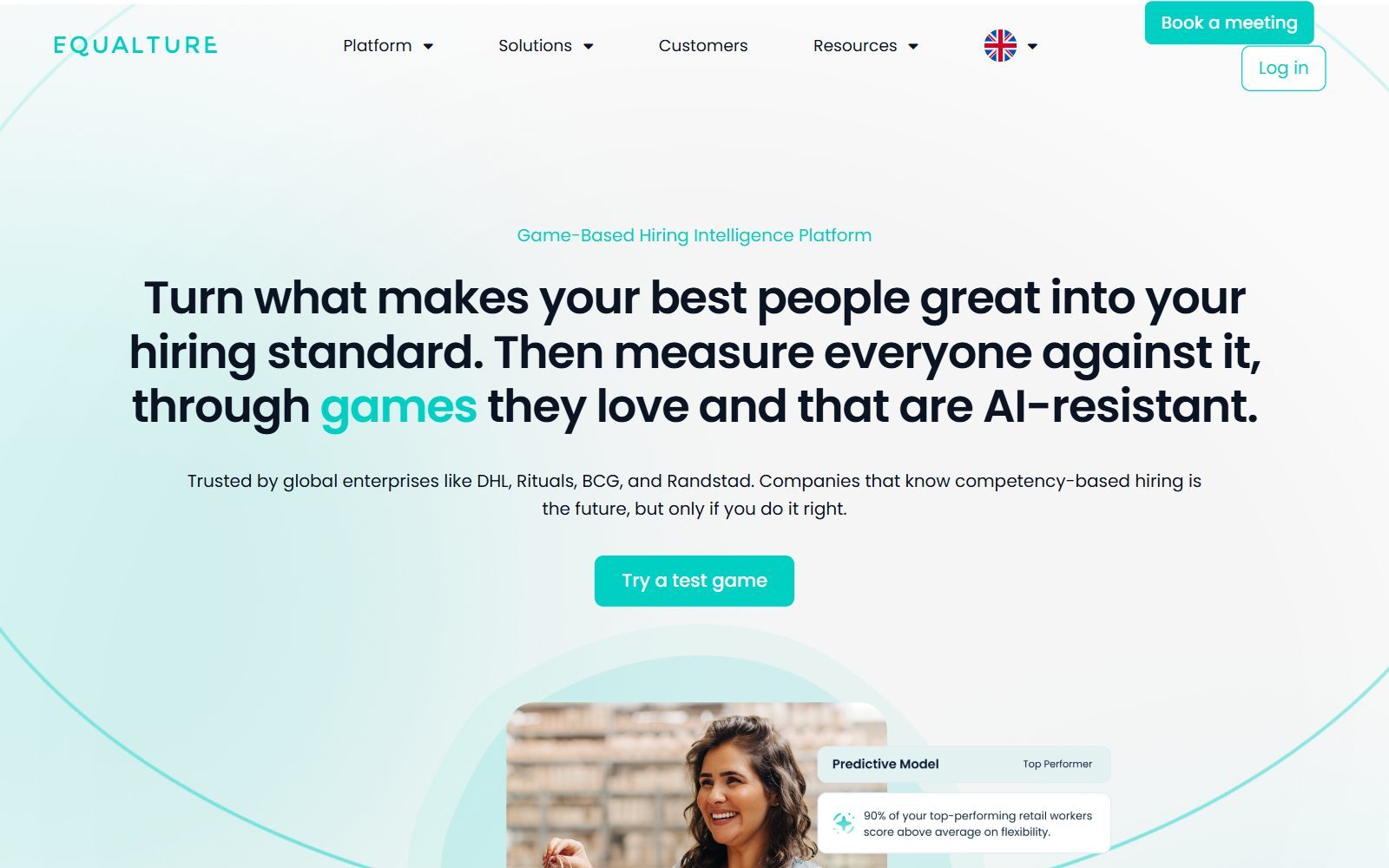 Equalture game-based hiring platform homepage screenshot (October 2026)