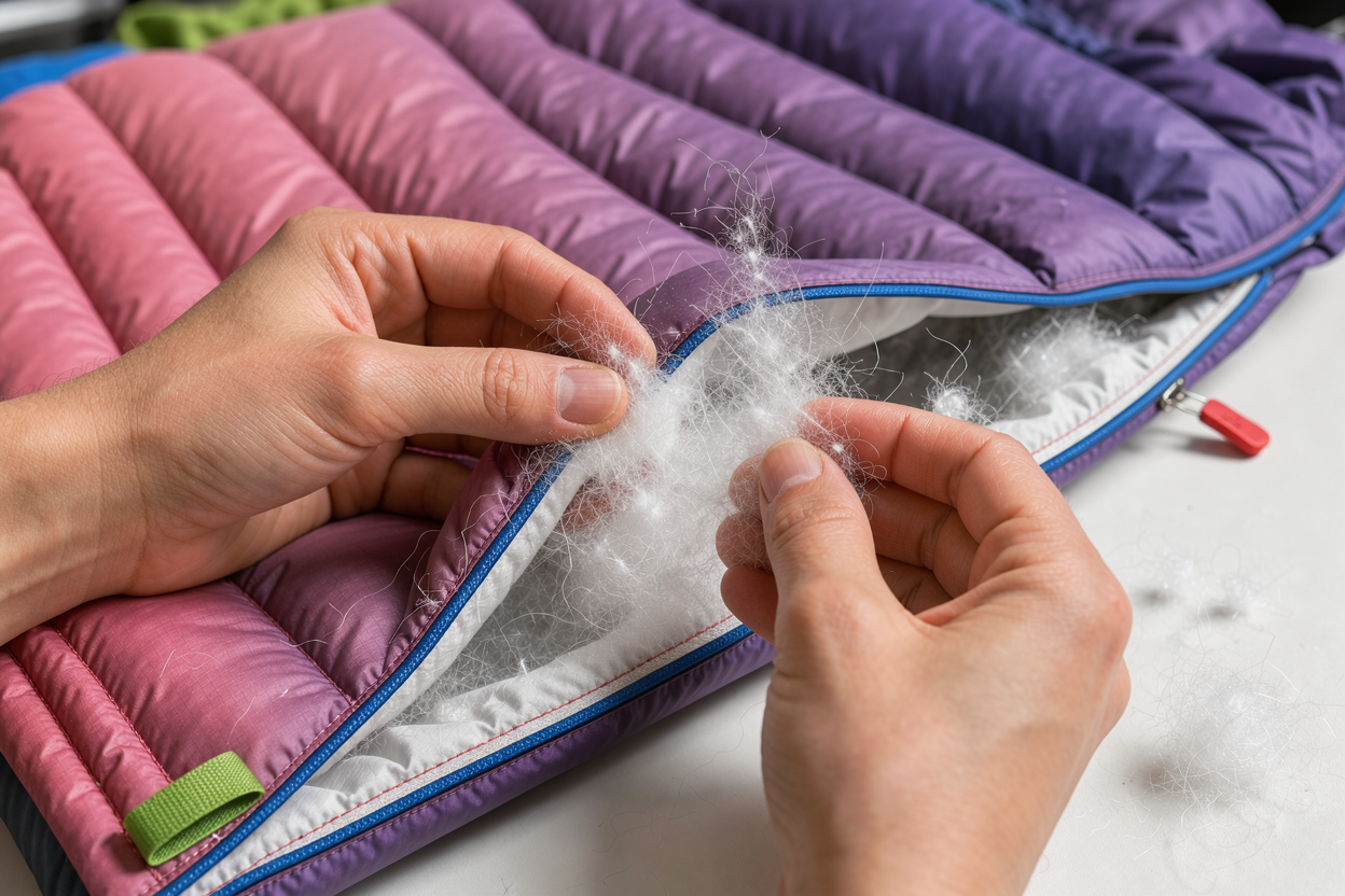Close-up of hands gently teasing apart a small clump of down inside a jacket baffle, natural indoor lighting, no cleaning product visible