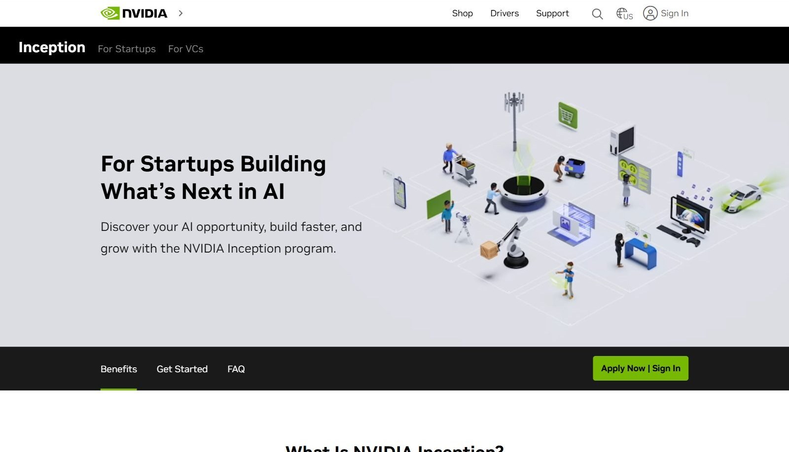 NVIDIA Inception programme page screenshot for AI startups (October 2026)