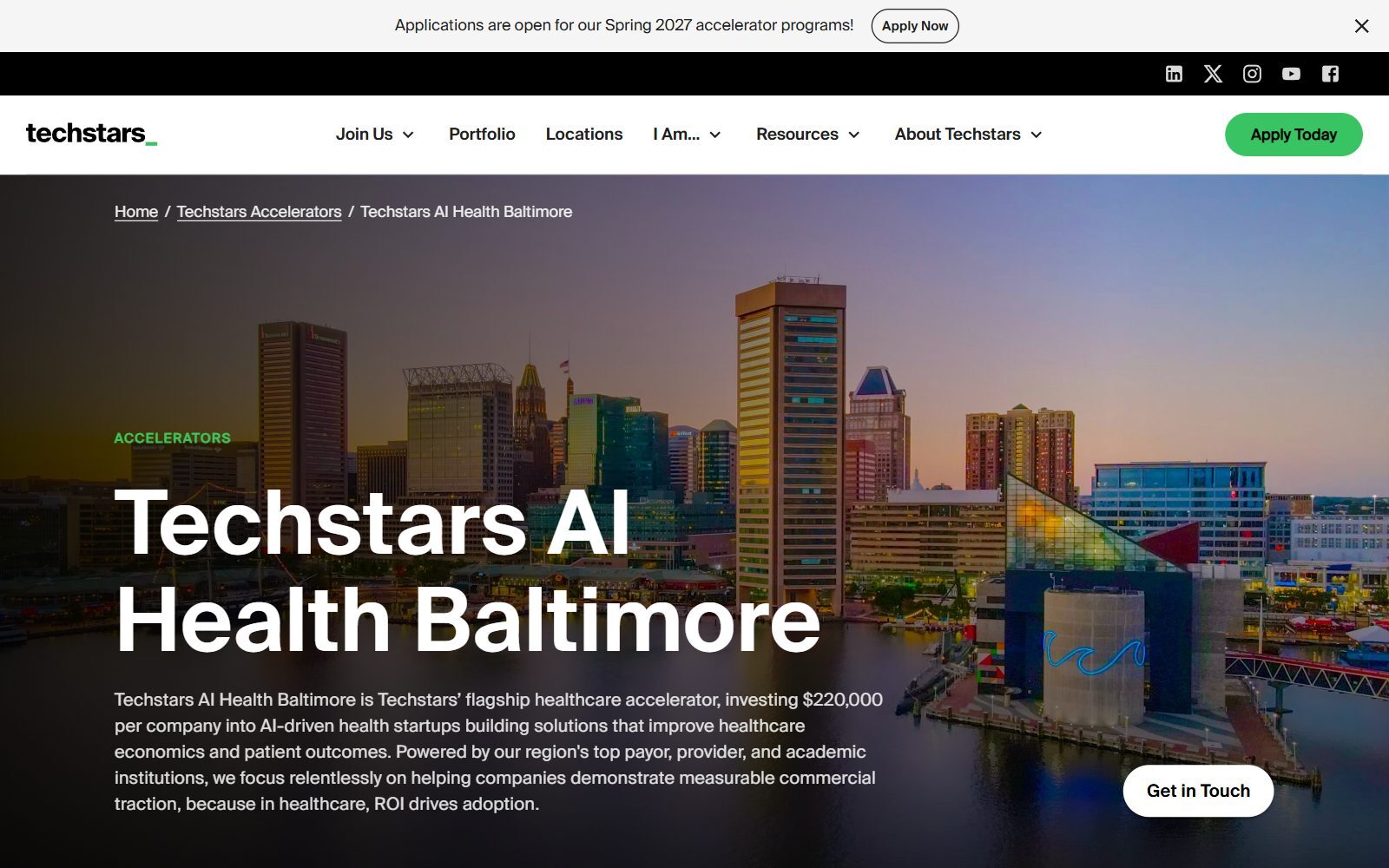Techstars AI Health Baltimore accelerator page screenshot, investing $220,000 per company (October 2026)