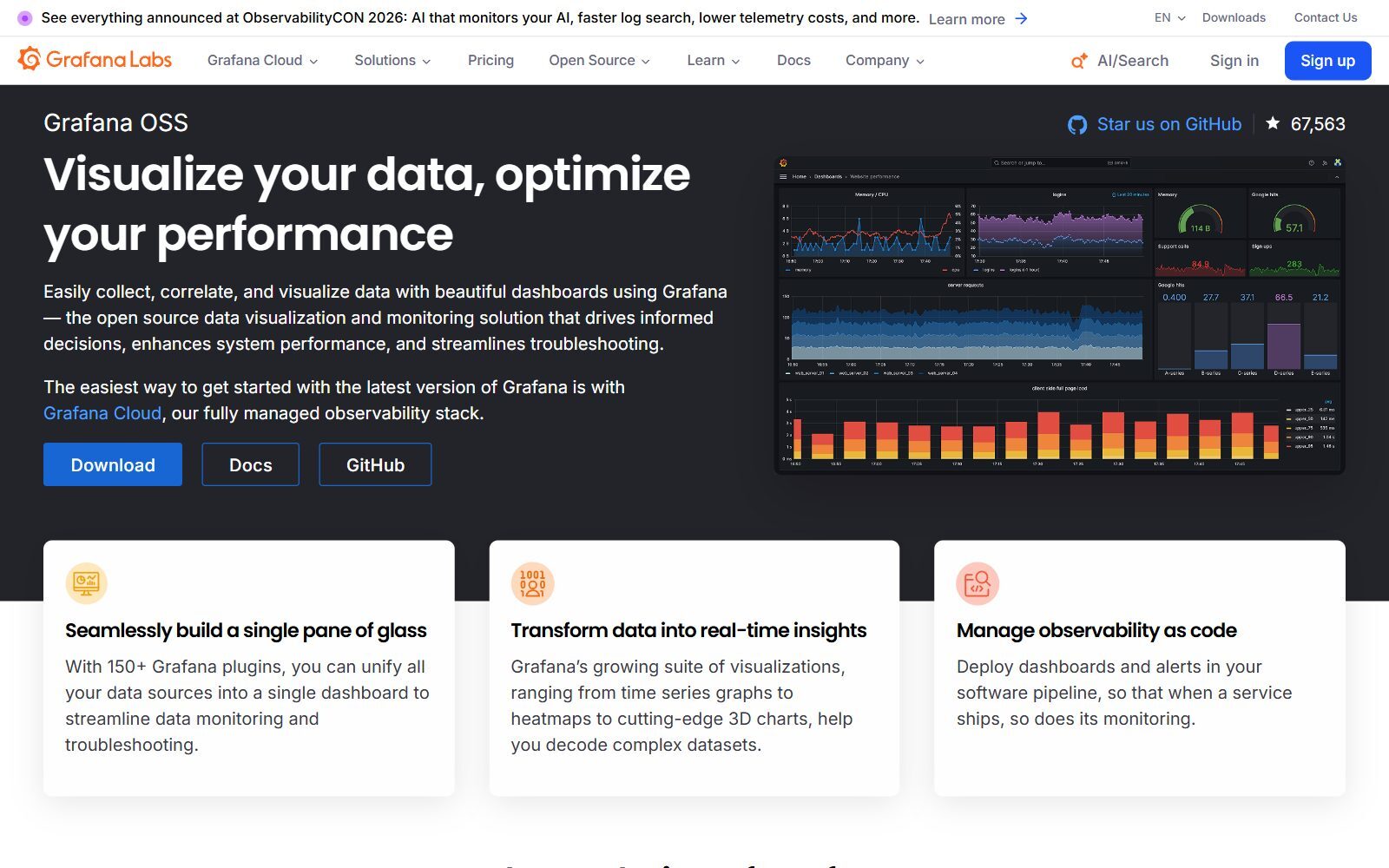 Grafana OSS page screenshot (October 2026)