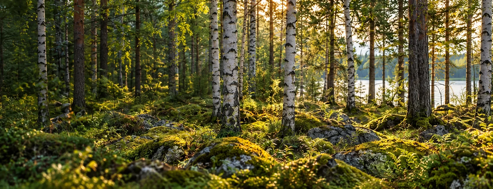 Берёзово-сосновый лес у озера — иллюстрация