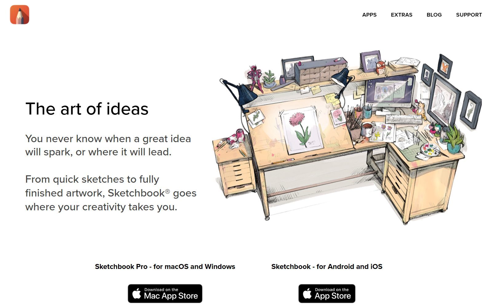 Sketchbook homepage screenshot showing Sketchbook Pro for macOS and Windows and Sketchbook for Android and iOS (October 2026)