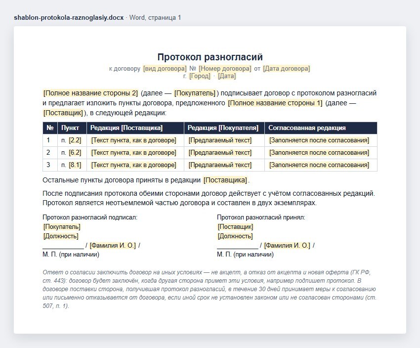 Шаблон протокола разногласий в Word: договор, город и дата, кто подписывает договор с протоколом, таблица — пункт, редакция поставщика, редакция покупателя, согласованная редакция, остальные пункты без изменений, подписи «подписал» и «принял»