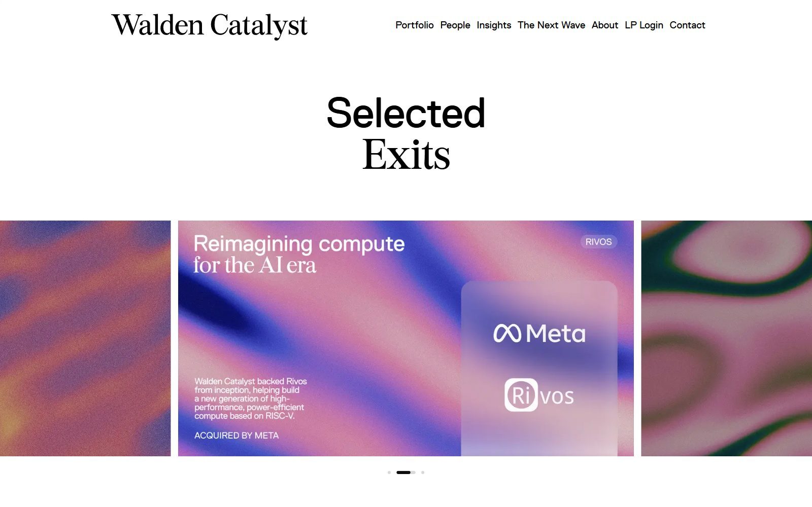 Walden Catalyst homepage screenshot showing its exit Rivos, acquired by Meta (October 2026)