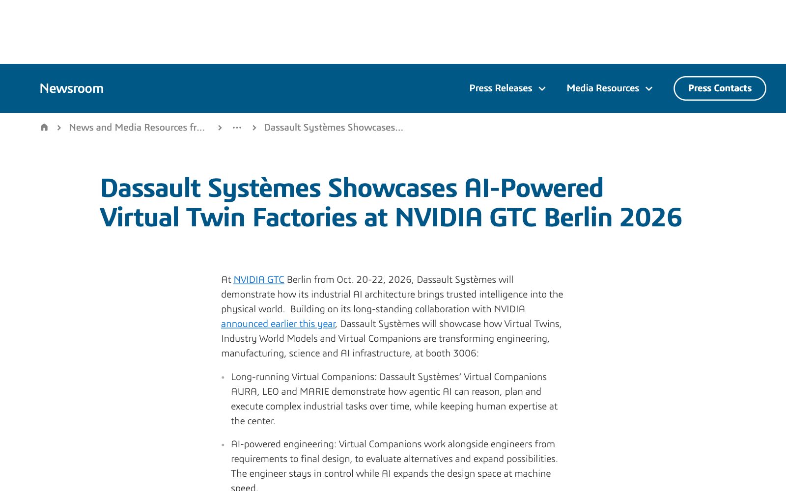 Screenshot of the Dassault Systemes newsroom media alert Dassault Systemes Showcases AI-Powered Virtual Twin Factories at NVIDIA GTC Berlin 2026, with the first bullet on long-running Virtual Companions AURA, LEO and MARIE