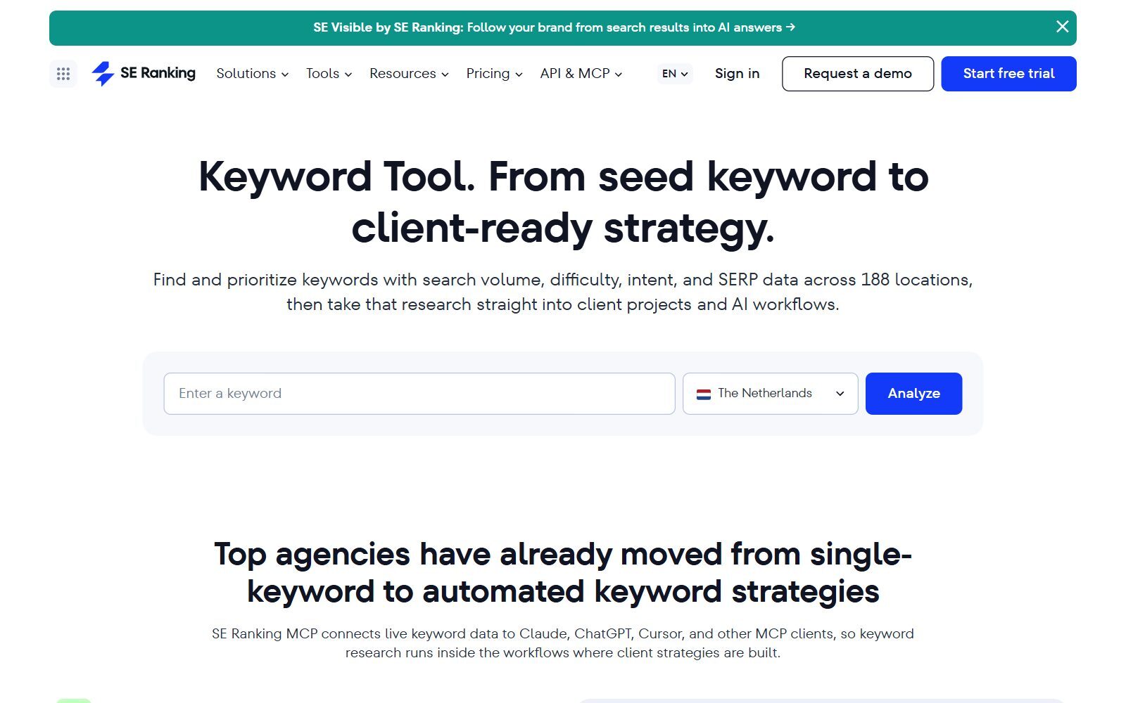 SE Ranking keyword research tool page screenshot (October 2026)