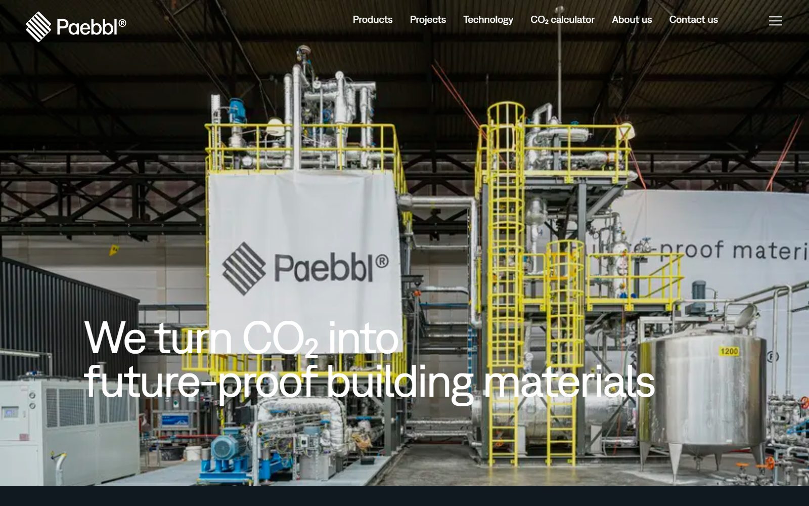 Paebbl CO2 building materials homepage screenshot (October 2026)