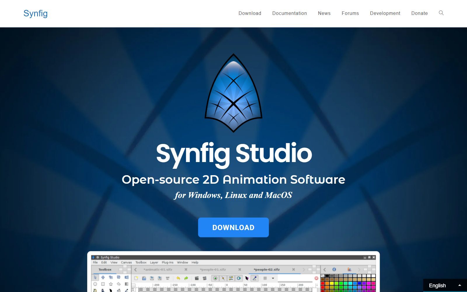 Synfig Studio homepage screenshot (October 2026)