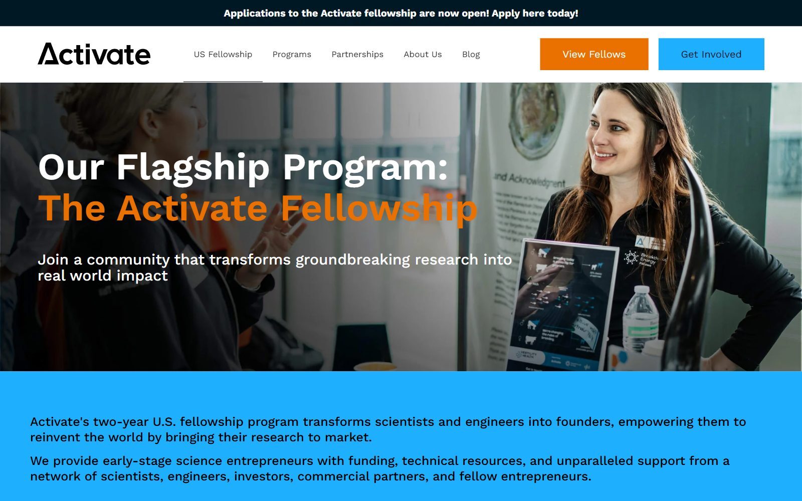 Activate Fellowship page for scientists and engineers bringing research to market, screenshot (October 2026)