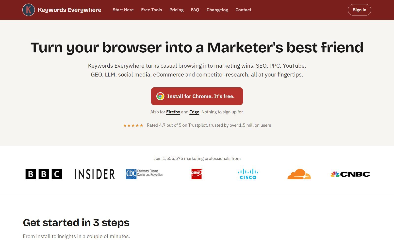 Keywords Everywhere homepage screenshot: free browser extension for Chrome, Firefox and Edge (October 2026)