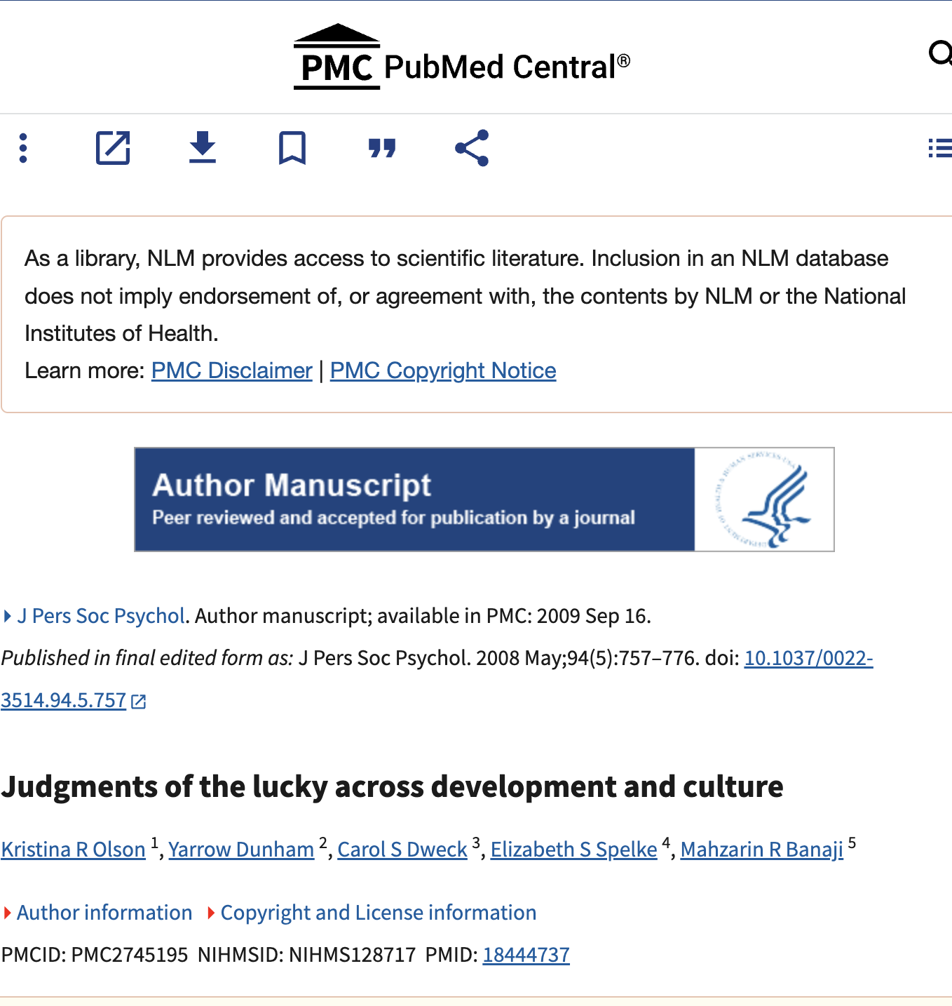 Journal of Personality and Social Psychology · 2008: Judgments of the lucky across development and culture