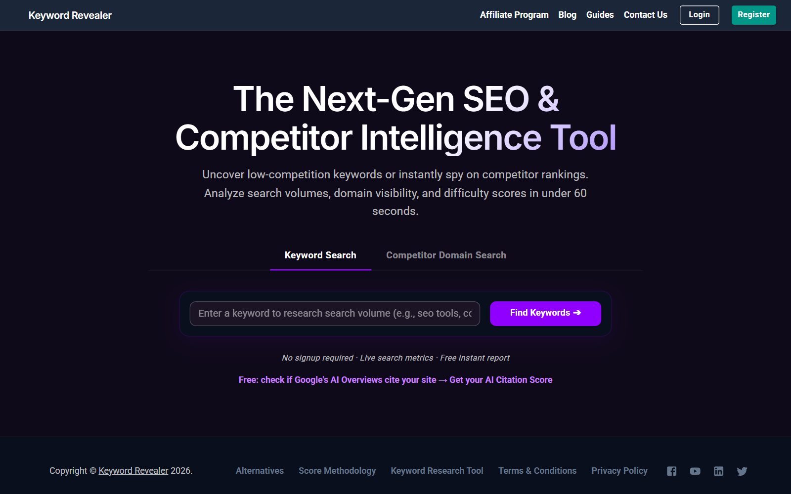Keyword Revealer keyword research tool page screenshot (October 2026)