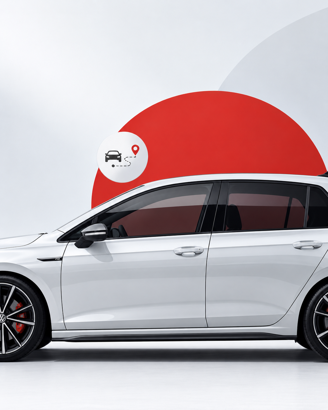 Белый Volkswagen Golf сбоку и значок маршрута доставки на красном круге