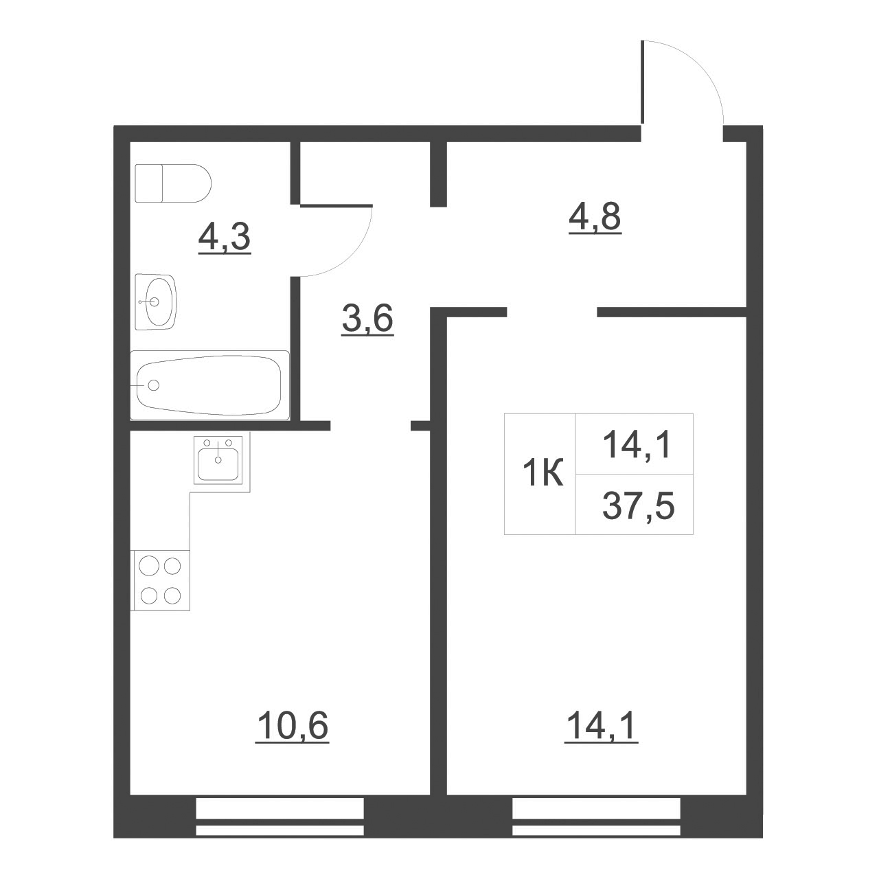 Планировка 1-к.кв 38.1 м², Дом на набережной. Атлантика, кв. 140