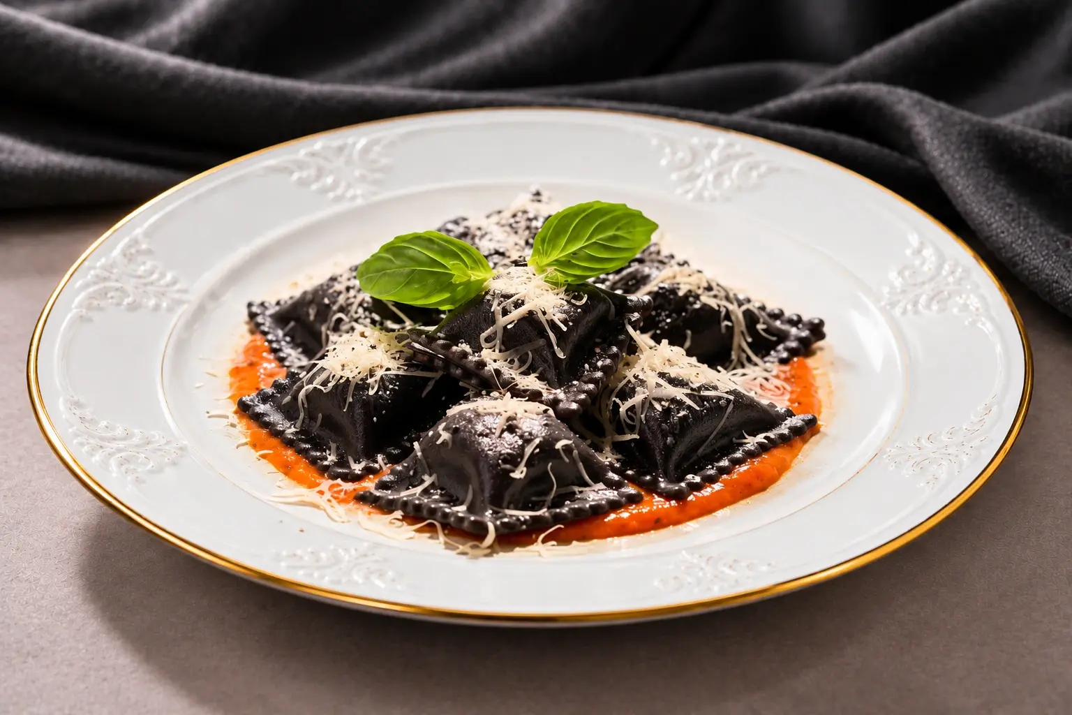 Черные равиоли с курицей