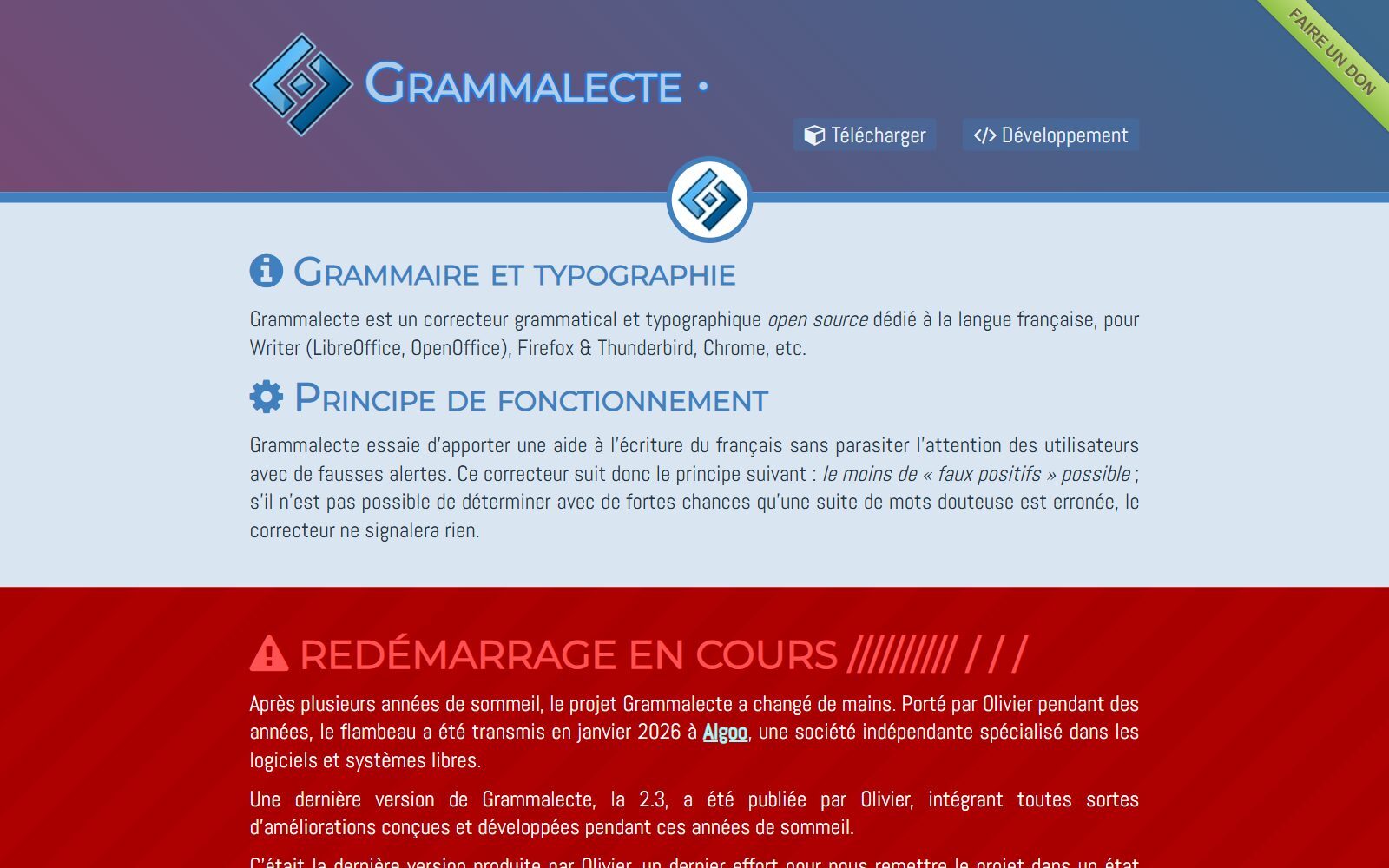 Grammalecte French grammar checker homepage screenshot (October 2026)