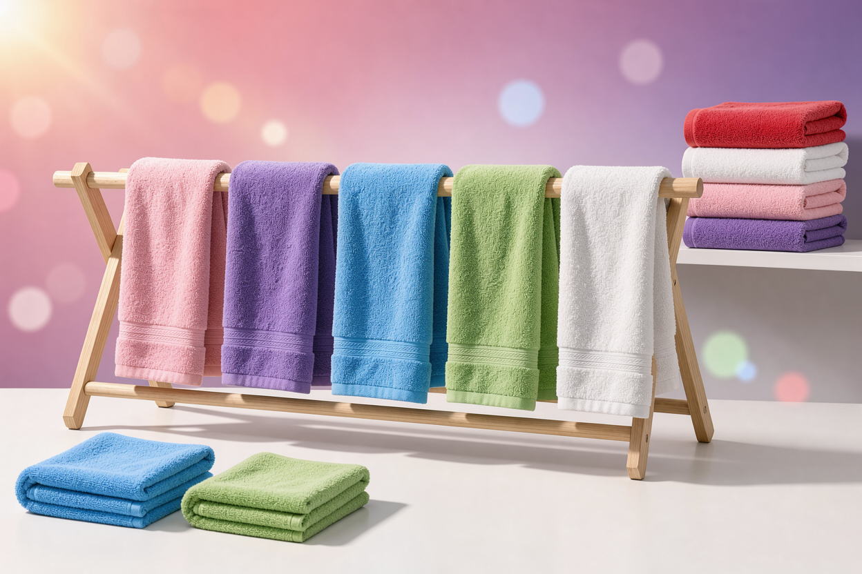 Line of fluffy towels drying in sunlight, some on a wooden drying rack and some folded on a shelf, no brand labels