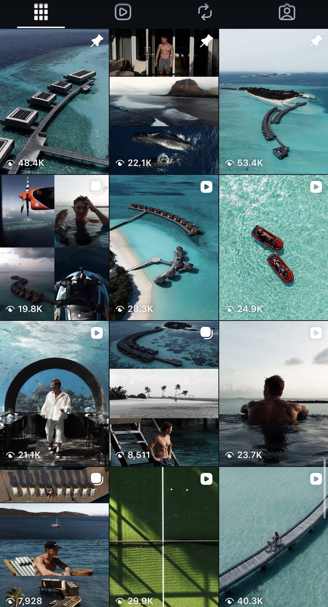 The @petrovmedia Instagram grid: Maldives aerials and villas with 8K to 53K views each